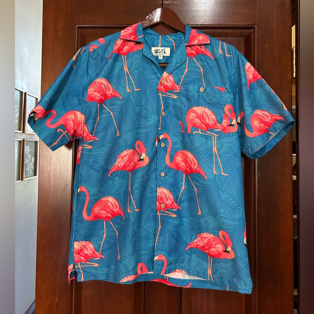 Uzzi Flamingo Hawaiian Shirt Teal Pink Tropical Button Up Small